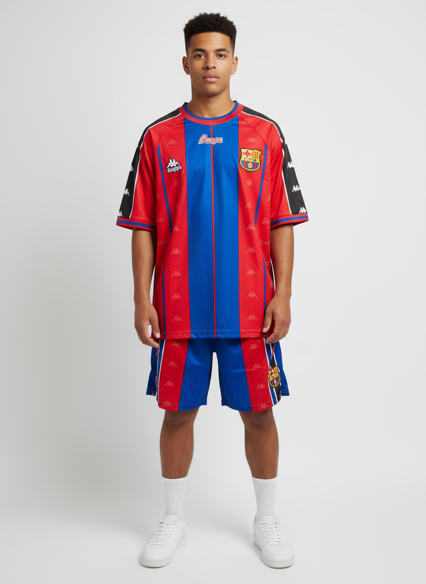 Barça Retro Kappa Edition – Classic Red & Blue Striped Soccer Kit (Top + Shorts)